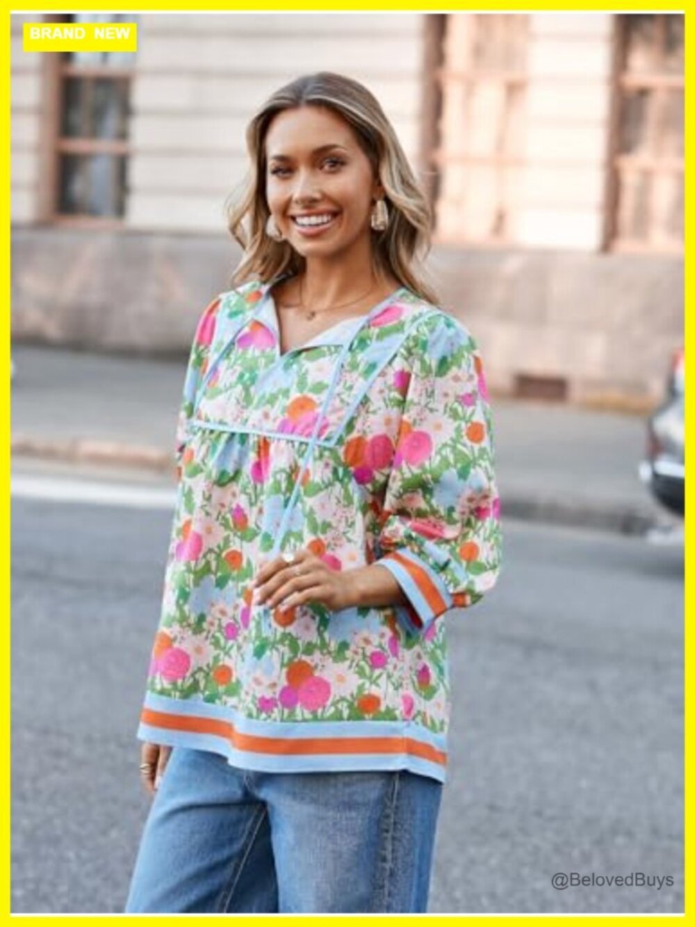 Floral Print Babydoll Blouse V Neck 3/4 Sleeve Peplum Top Casual Loose Fit Boho - Picture 3 of 7